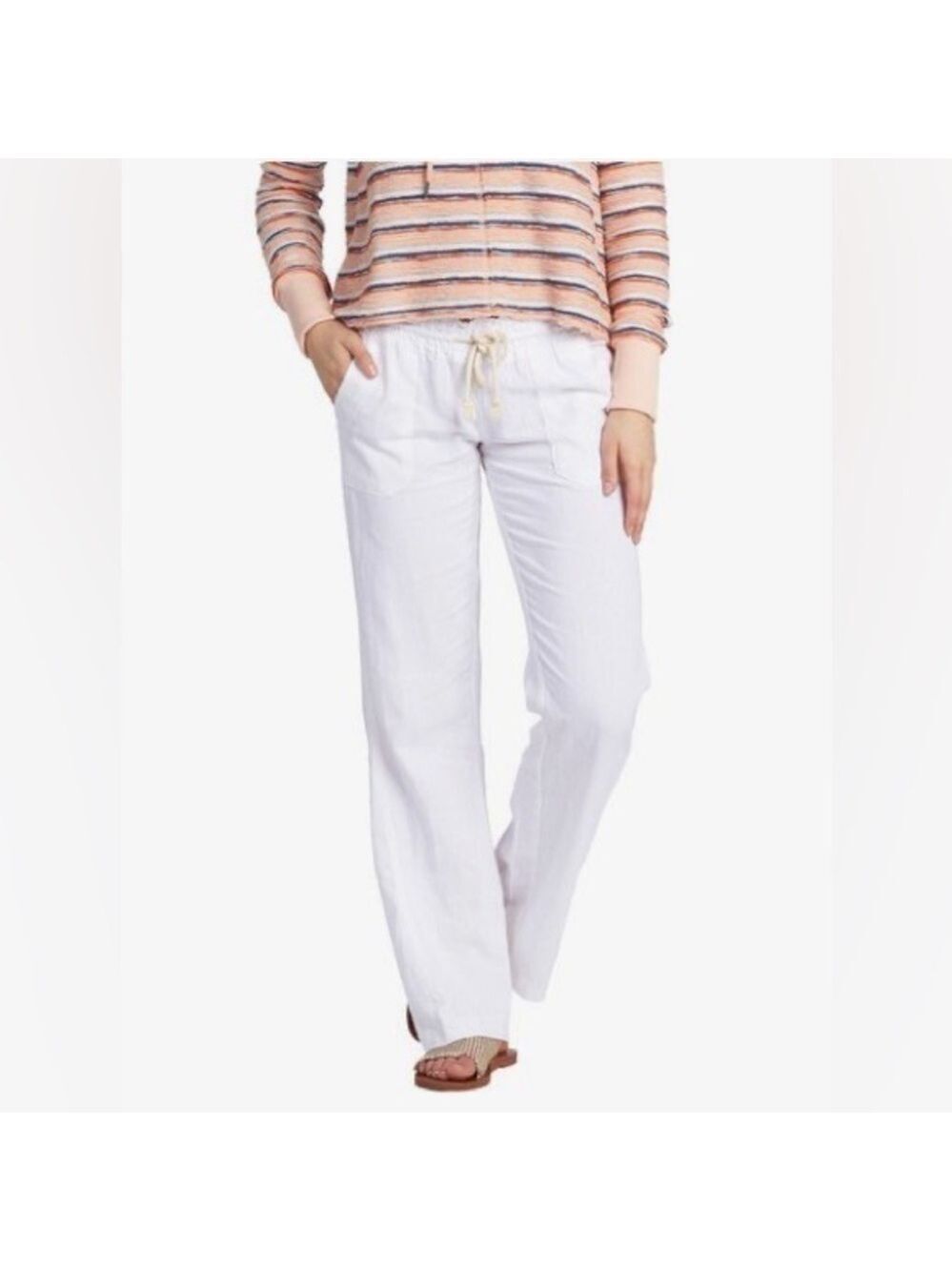 Nwt Roxy Women’s Oceanside Flare Wide Leg Sea Salt Linen Blend Pants XL